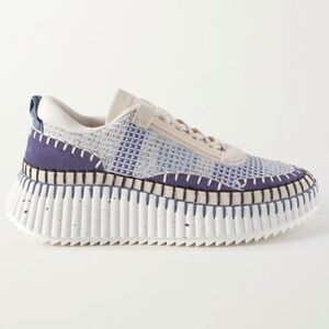 CHLOE Nama Stitch Embroidered Suede Platform Sneakers Cosmic Blue Size 39 8 9